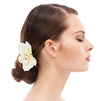 Buy stock photo Woman face, profile or beauty skincare and orchid flower, makeup cosmetics or dermatology healthcare wellness. Zoom, model or facial glow with plant, healthy collagen or hairstyle on white background
