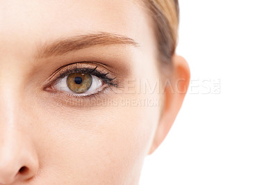 Buy stock photo Woman, portrait or eye and makeup cosmetics, eyeshadow or mascara in skincare vision, beauty innovation or self love ideas. Zoom, macro or model face lashes on white background studio in microblading