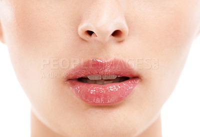 Buy stock photo Woman face, skincare or lips with makeup cosmetics, mouth dermatology or healthcare wellness on white background. Zoom, beauty model and macro of facial lip gloss product for collagen hydration glow