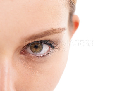 Buy stock photo Beauty model, portrait or eye makeup cosmetics with eyeshadow mascara in skincare vision, innovation or ideas. Zoom, macro or woman face with lashes on white background studio in microblading mock up