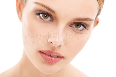 Buy stock photo Face, beauty and woman in portrait with skincare closeup, healthy skin with glow against white background. Eyes, vision and facial zoom with makeup and natural cosmetics, dermatology and wellness