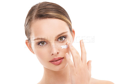 Buy stock photo Beauty model, portrait and skincare face cream by white background in dermatology wellness, self love and grooming. Zoom, woman and facial sunscreen product in healthcare hydration and collagen glow