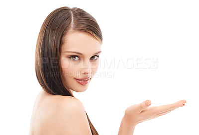 Buy stock photo Woman portrait, skincare or hand palm for promotion space, product placement or hair advertising sales on studio mockup. Happy, beauty model or showing marketing gesture on white background mock up