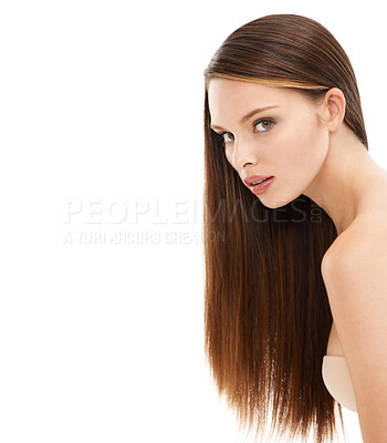 Buy stock photo Woman, portrait and brunette hairstyle by white background mockup for keratin treatment, dye marketing or advertising. Beauty model, face and brown hair card on skincare or isolated mockup backdrop