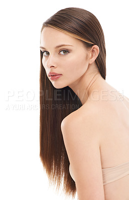 Buy stock photo Portrait, hair and beauty with a model woman in studio on a white background for keratin or natural treatment. Face, haircare and cosmetics with a beautiful young female posing to promote wellness 