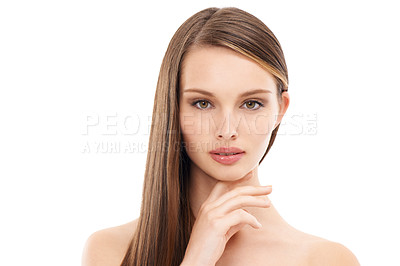 Buy stock photo Beauty model, skincare and portrait with brunette hairstyle, makeup cosmetics or keratin treatment for isolated self care. Woman, face and brown color in hair care growth or glow on white background