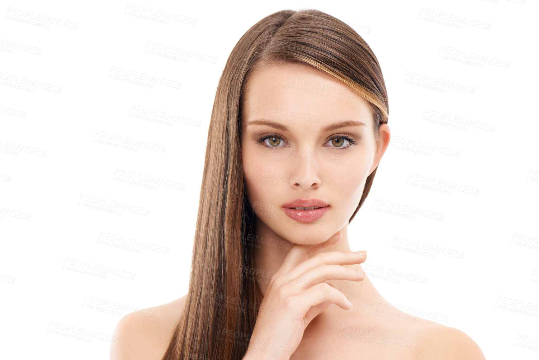 Buy stock photo Beauty model, skincare and portrait with brunette hairstyle, makeup cosmetics or keratin treatment for isolated self care. Woman, face and brown color in hair care growth or glow on white background