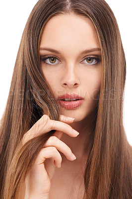 Buy stock photo Portrait, woman or hair care for shine, cosmetics or luxury salon treatment isolated on white studio background. Female, lady or healthy scalp grooming, wellness or natural care for beauty or texture