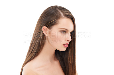 Buy stock photo Woman, beauty and hair care wellness or cosmetics dermatology, skincare glow and makeup in white background. Model, luxury skin and keratin shampoo for hair growth or salon shine lifestyle in studio