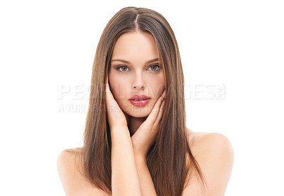 Buy stock photo Portrait, skincare and woman with cosmetics, dermatology or girl isolated on white studio background. Face detox, female or lady with makeup, aesthetic or luxury spa treatment with wellness or beauty