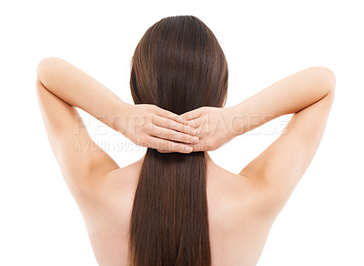Buy stock photo Beauty, back and hair care of woman in studio isolated on a white background. Haircare cosmetics, wellness and young female model with balayage after salon treatment for growth, texture and hairstyle