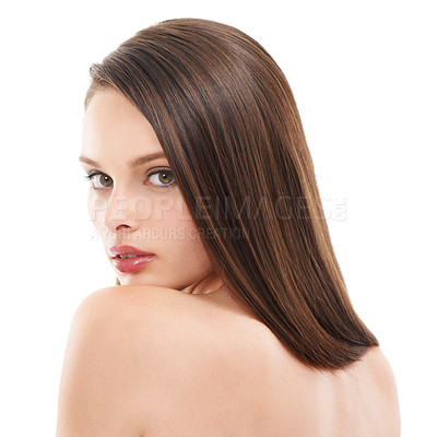 Buy stock photo Face portrait, back and hair care of woman in studio isolated on a white background. Makeup cosmetics, skincare and female model with balayage after salon treatment for beauty, texture and hairstyle.