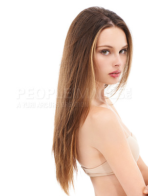 Buy stock photo Hair care, cosmetic and portrait of a woman in studio with a keratin hair treatment. Beauty, health and female model with hair style isolated by white background with mockup space