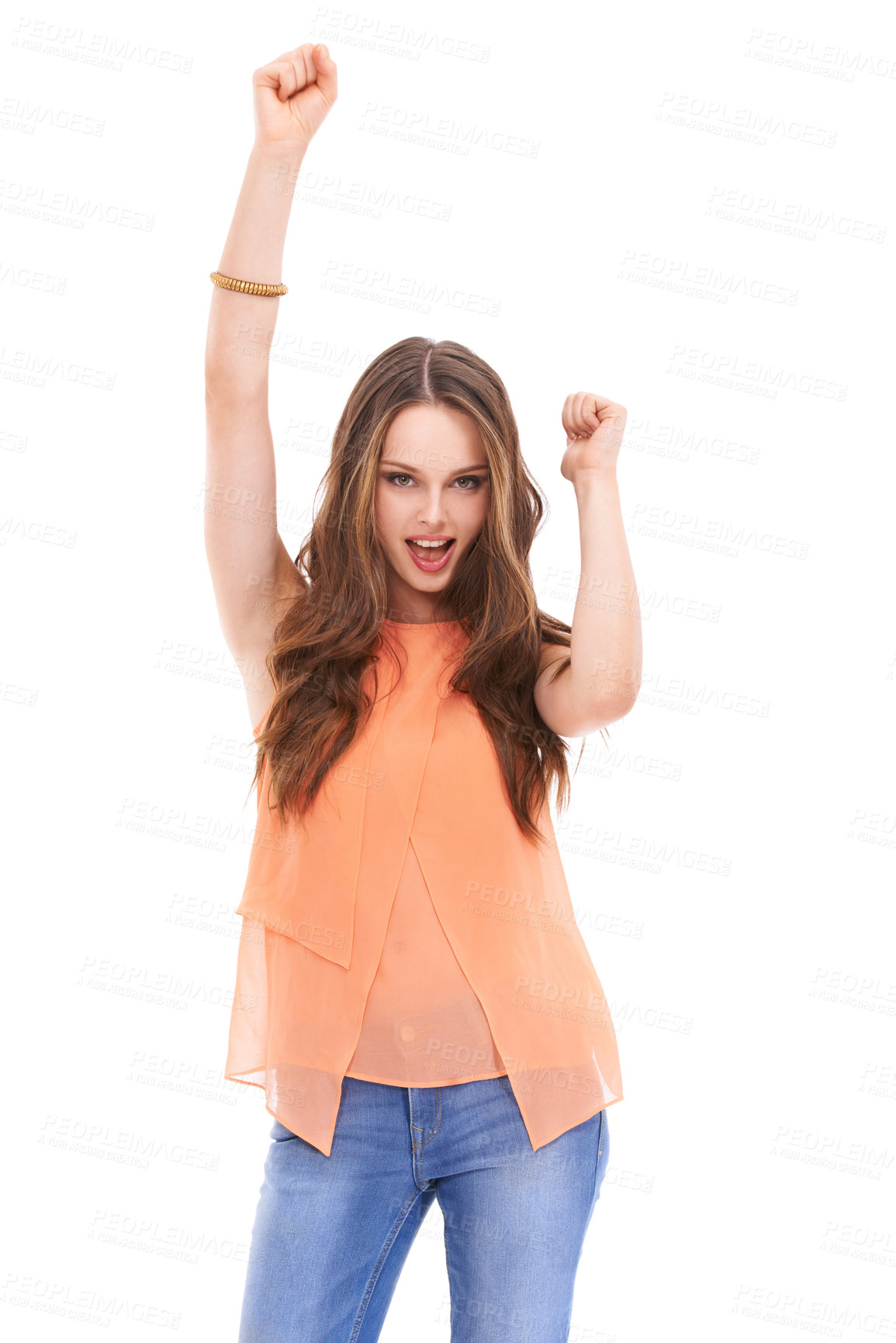 Buy stock photo Fashion, arms up and portrait of woman in studio for marketing, advertising and mockup on white background. Retail, beauty and happy girl in celebration for promotion, sale announcement and discount