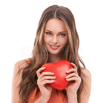 Buy stock photo Heart, love and face portrait of woman with red object, romantic product or emoji icon for Valentines Day holiday. Beauty, smile and studio headshot of happy model girl isolated on white background