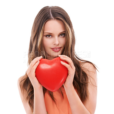 Buy stock photo Face portrait, heart balloon and woman in studio isolated on white background. Love, affection and young female model holding symbol for romance, valentines passion or romantic emoji, care or empathy