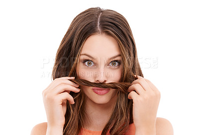 Buy stock photo Hair moustache, funny and comic woman portrait with natural beauty with happiness in studio. White background, isolated and model with healthy hair care with crazy comedy, silly and young face