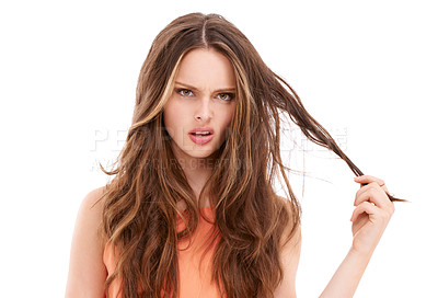 Buy stock photo Woman portrait, stress or angry with messy hairstyle on isolated white background for split ends, keratin treatment or grooming. Confused beauty model, brunette or problem hair in hair loss marketing