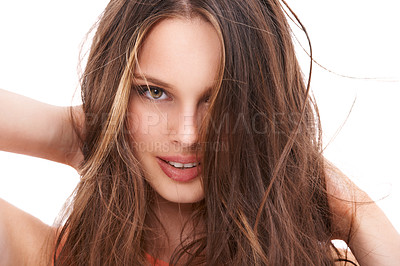 Buy stock photo Beauty, woman and hair care portrait for luxury hair cosmetics product pose isolated in studio. Young girl, smile and healthy natural waves or long hairstyle for salon cosmetology in white background