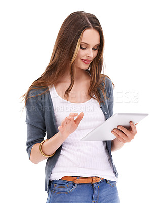 Buy stock photo Online shopping search, digital tablet and woman scroll website for discount sales, e commerce deal or fashion choice. Technology, typing ecommerce customer and model girl on white background studio