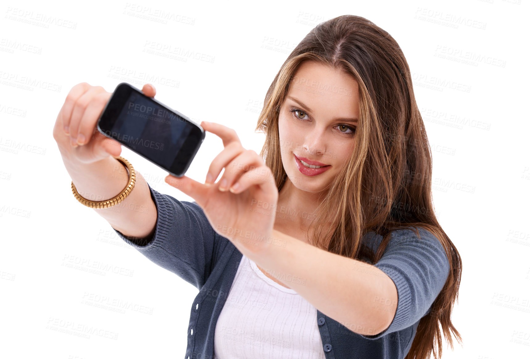 Buy stock photo Digital phone selfie, studio and woman with cellphone memory picture for social media app, online website or social network. Mobile smartphone user, technology and model girl pose on white background