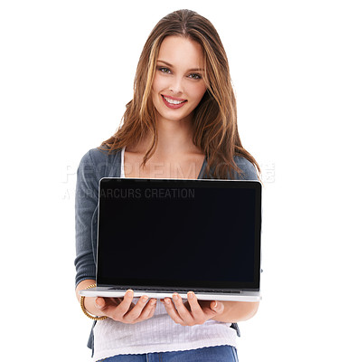 Buy stock photo Portrait, mockup or woman with laptop, connection or female isolated on white studio background. Lady, consultant or employee with computer, smile or digital marketing and online research for startup
