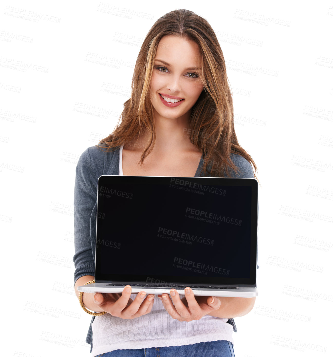 Buy stock photo Portrait, mockup or woman with laptop, connection or female isolated on white studio background. Lady, consultant or employee with computer, smile or digital marketing and online research for startup