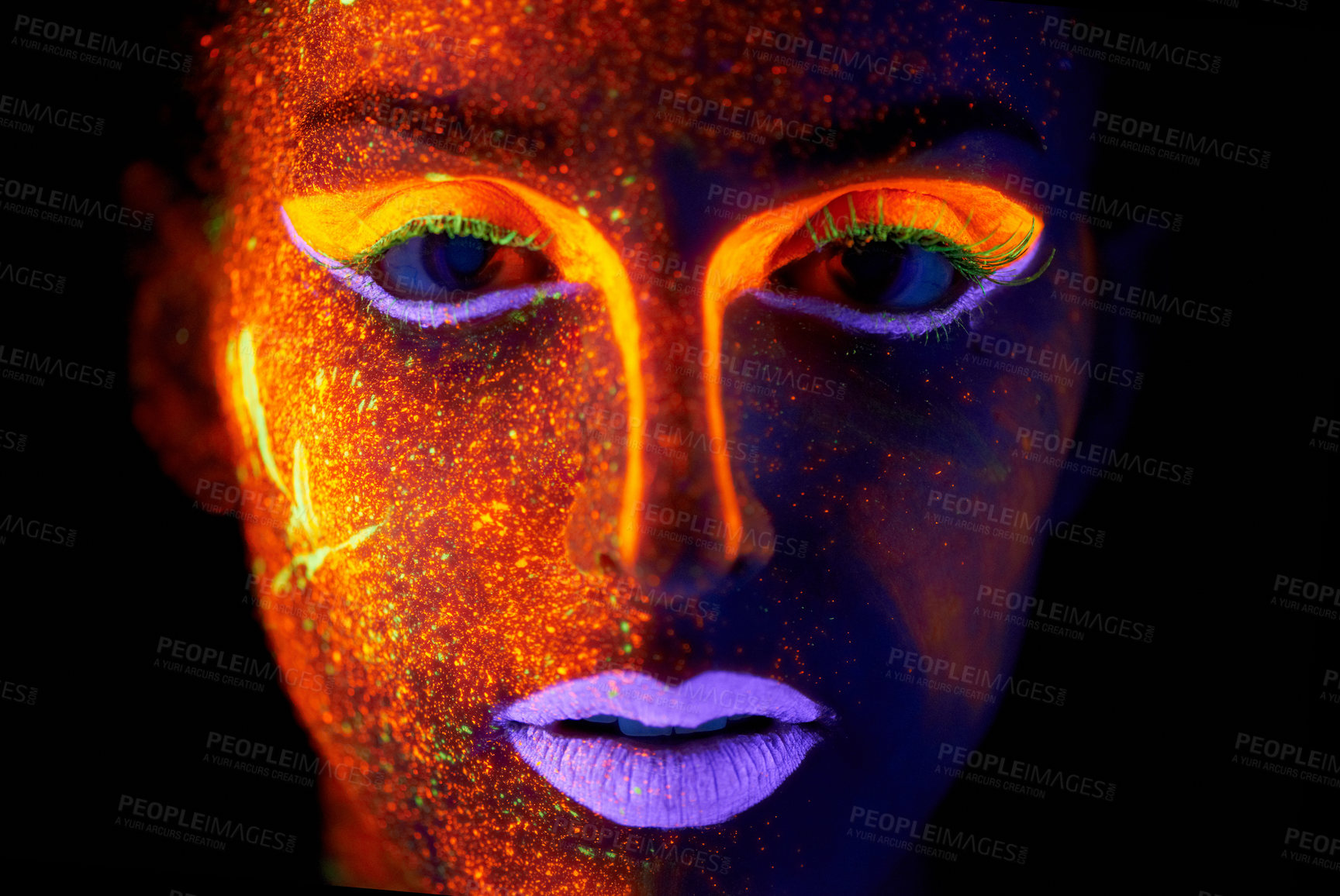 Buy stock photo Portrait, art and beauty with neon woman on black background for makeup, glitter or colorful glow. Face, fantasy and creative with confident young person in the dark for psychedelic or techno paint