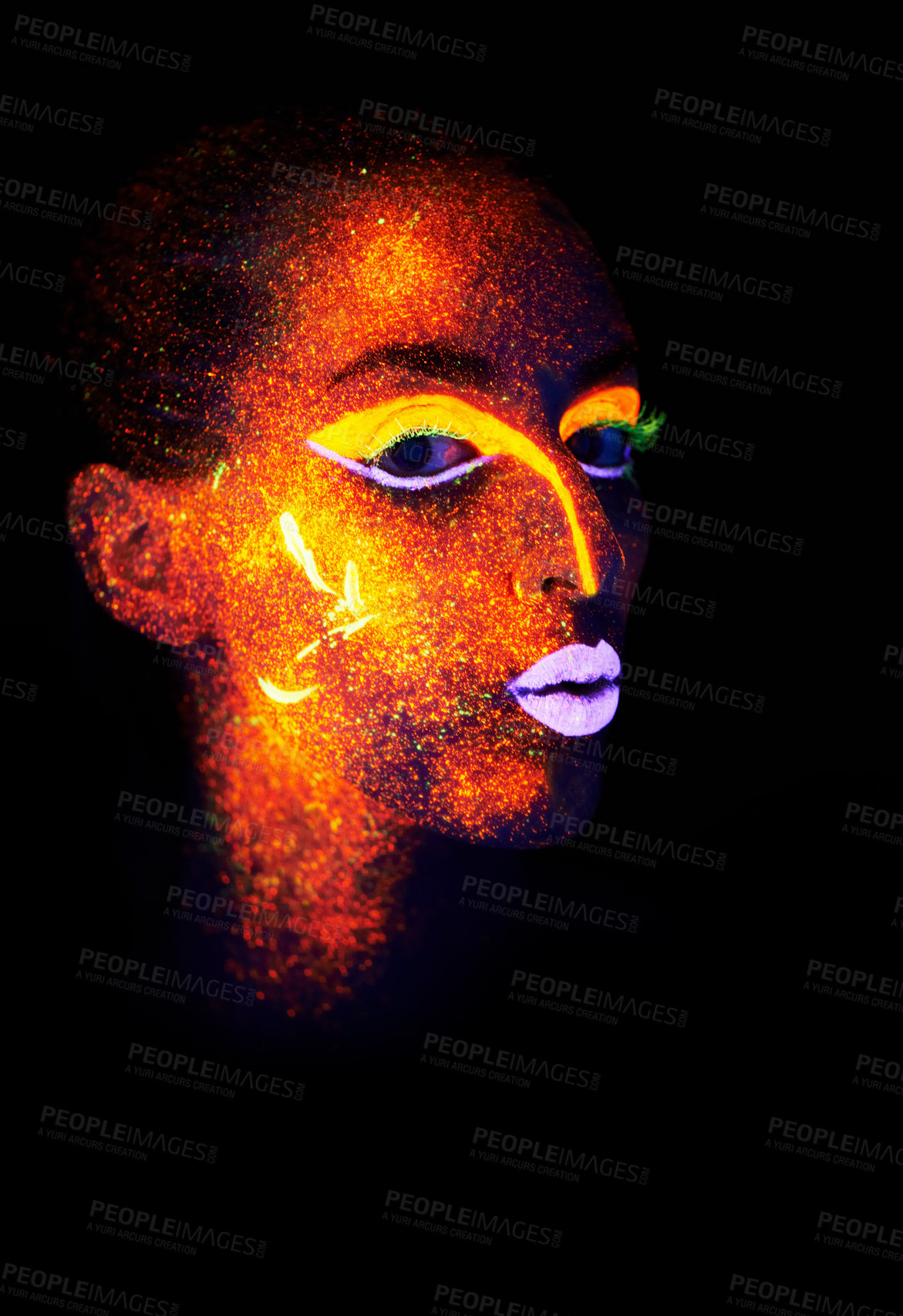 Buy stock photo Portrait, beauty and creative with neon woman on black background for makeup, glitter or colorful glow. Face, fantasy and art with confident young person in the dark for psychedelic or techno paint