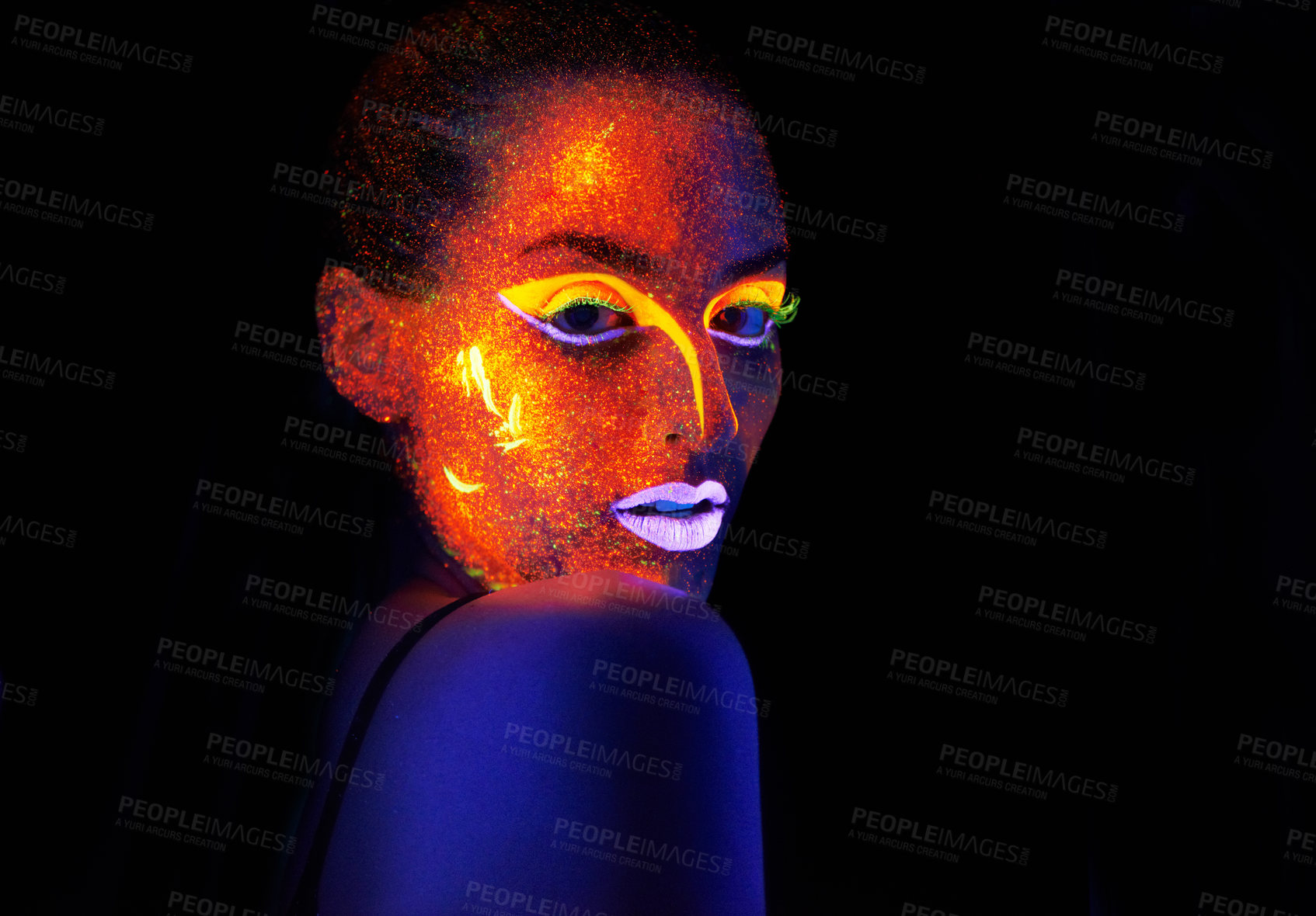 Buy stock photo Portrait, art and creative with neon woman on black background for makeup, glitter or colorful glow. Face, fantasy and beauty with confident young person in the dark for psychedelic or techno paint