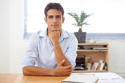 Buy stock photo Businessman, portrait and relax with documents at office in confidence for career ambition or mindset. Man or employee smile with hand on chin by paperwork, desk or table for finance job at workplace