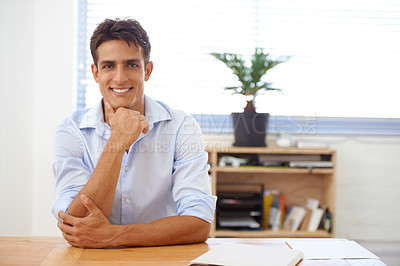 Buy stock photo Happy man, business or portrait with confidence at office for career ambition, desk job or company. Documents, professional person or proud accountant with paperwork at workplace or in accounting