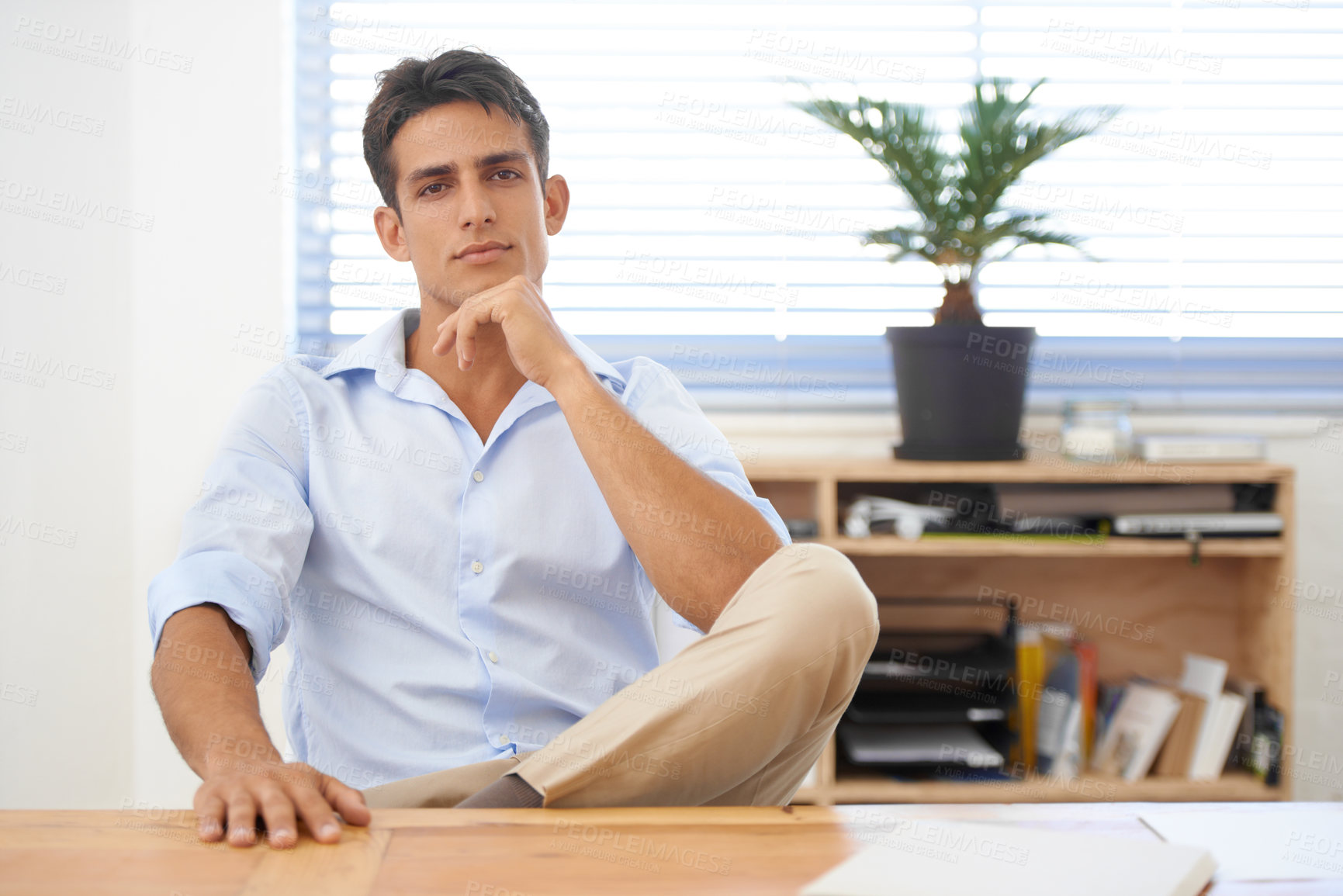 Buy stock photo Businessman, relax or portrait with confidence at desk with pride for career ambition or mindset. Thinking, serious manager or male employee with hand on chin at workplace, office or table for job