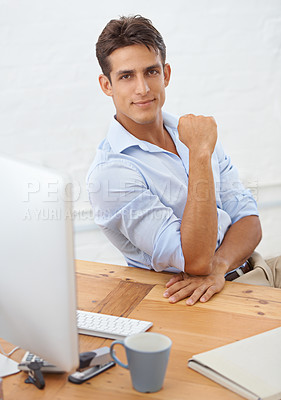 Buy stock photo Businessman, computer or portrait with confidence at desk with pride for career ambition or mindset. Person, serious manager or male employee with company experience at workplace, office or desk job