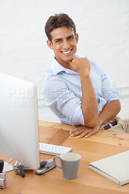 Buy stock photo Happy man, computer or portrait with confidence at office with pride for career ambition or opportunity. Smile, business person or male employee with hand on chin at workplace, desk or table for job 