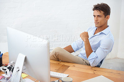 Buy stock photo Businessman, computer or relax with confidence at desk with pride for career ambition or mindset. Thinking, serious manager or professional male employee with pc at workplace, office or table for job