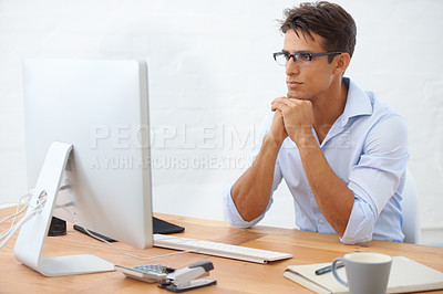 Buy stock photo Web design, thinking or man with computer at office reading information for project or solution. IT support, business or employee programming with news or research online at workplace or desk on pc