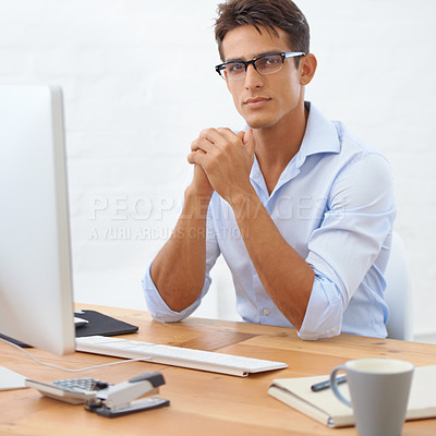 Buy stock photo Web design, portrait or man with computer at office reading information for project or solution. IT support, business or employee programming with glasses or research online at workplace desk on pc
