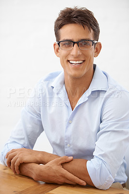 Buy stock photo Man, portrait and glasses for vision with eye care, happy with optometry and professional style on white background. Smile on face for eyesight with fashion frame and prescription lens in studio