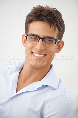 Buy stock photo Man, face and glasses for vision with eye care, happy with optometry and professional style on white background. Smile in portrait for eyesight with fashion frame and prescription lens in studio