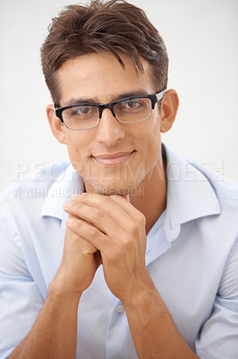 Buy stock photo Man, face and glasses for vision with smile, eye care or optometry with professional style on white background. Smart, confident in portrait with fashion frame and prescription lens in studio