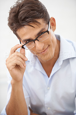 Buy stock photo Man, glasses for vision with eye care and optometry, face with professional style isolated on white background. Smart, nerd and smile in portrait with fashion frame and prescription lens in studio