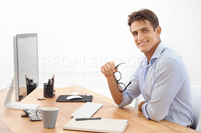Buy stock photo Web design, portrait or happy man with computer at office reading information for project or solution. IT support, business or employee programming with glasses or research online at desk on pc 
