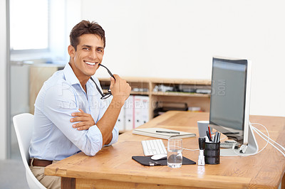 Buy stock photo IT support, portrait or happy man with computer at office with information for web design or solution. Smile, business or employee programming with glasses or research online on screen at desk on pc