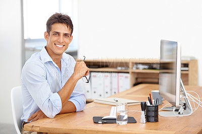 Buy stock photo Web design, portrait or happy man with computer for IT support with technology for project or solution. Smile, business or proud employee programming with glasses or research online at desk in office