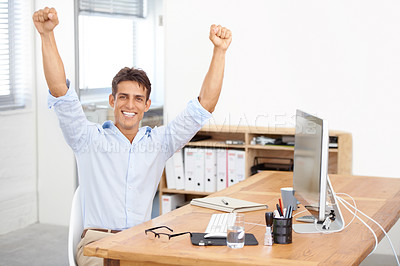 Buy stock photo Happy businessman, portrait and fist pump in celebration for winning, success or bonus promotion at office. Excited man or employee smile by desk for prize, deal or good news on computer at workplace