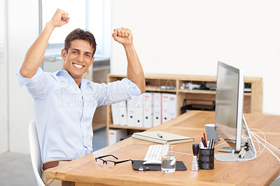Buy stock photo Excited businessman, portrait and fist pump in celebration for winning, success or bonus promotion at office. Happy man or employee smile by desk for prize, deal or good news on computer at workplace