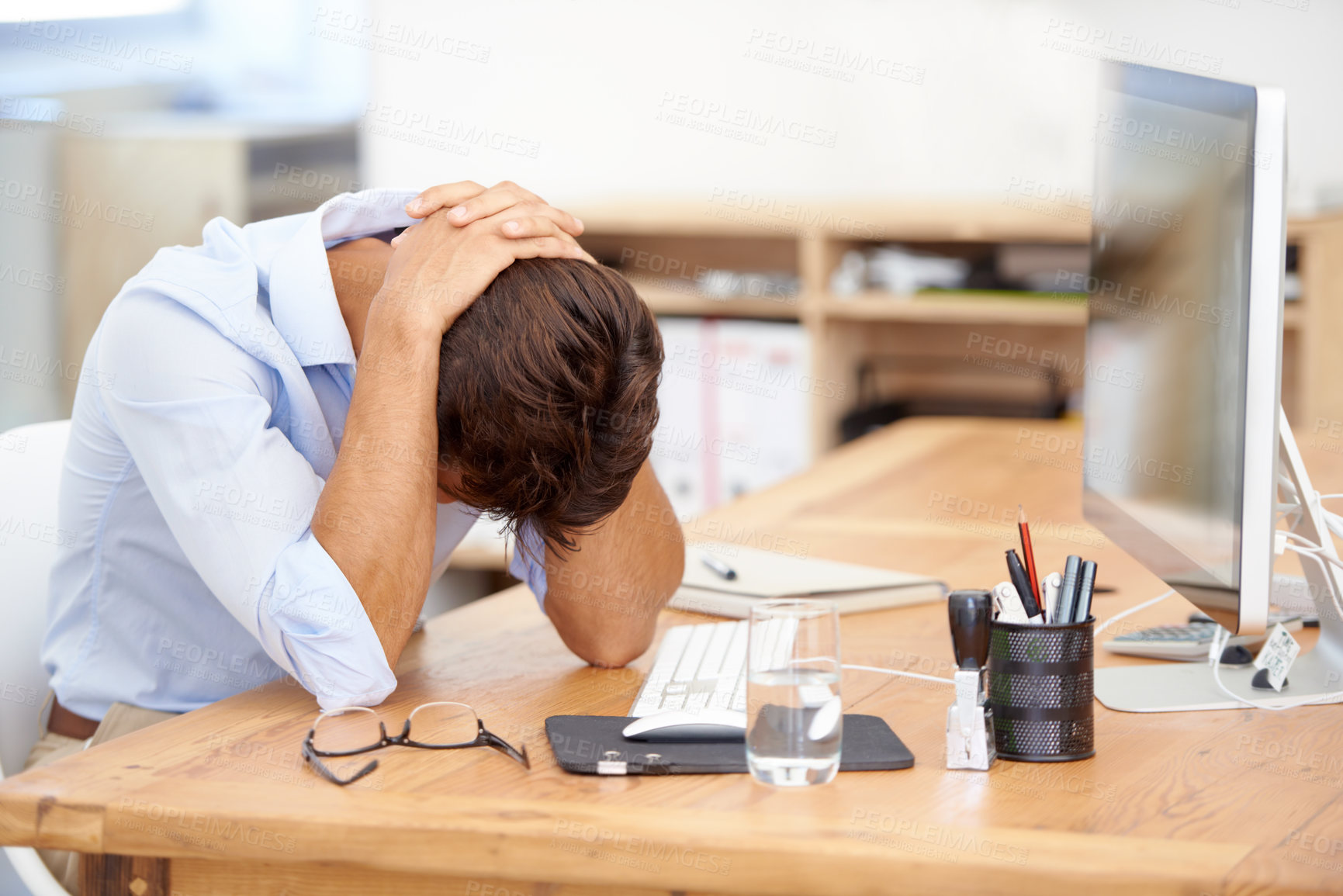 Buy stock photo Frustrated businessman, headache and mistake in stress, burnout or fatigue by computer at the office. Man or employee with migraine in anxiety, mental health or work pressure by PC desk at workplace