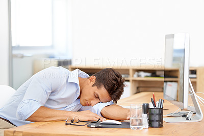 Buy stock photo Businessman, sleeping and computer on desk at office in fatigue, burnout or mental health. Tired man or employee asleep or taking a nap in relax or rest sitting on chair or table by PC at workplace