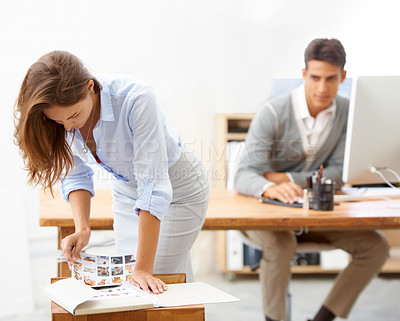 Buy stock photo Sexual harassment, businessman looking or body of employee in office working with spying coworker. Watch, lust problem or woman with toxic predator or unprofessional male colleague or pervert peeping